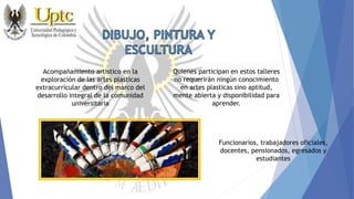 Acompañamiento artístico en la
exploración de las artes plasticas
extracurricular dentro del marco del
desarrollo integral de la comunidad
universitaria
Funcionarios, trabajadores oficiales,
docentes, pensionados, egresados y
estudiantes
Quienes participan en estos talleres
no requerirán ningún conocimiento
en artes plasticas sino aptitud,
mente abierta y disponibilidad para
aprender.
 
