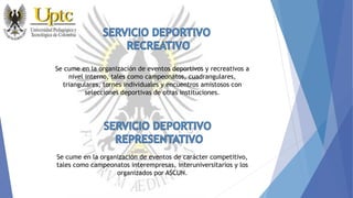 Se cume en la organización de eventos deportivos y recreativos a
nivel interno, tales como campeonatos, cuadrangulares,
triangulares, tornes individuales y encuentros amistosos con
selecciones deportivas de otras instituciones.
Se cume en la organización de eventos de carácter competitivo,
tales como campeonatos interempresas, interuniversitarios y los
organizados por ASCUN.
 