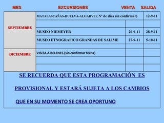 MES  EXCURSIONES   VENTA  SALIDA SEPTIEMBRE   MATALASCAÑAS-HUELVA-ALGARVE  ( Nº de días sin confirmar) 12-9-11 MUSEO NIEMEYER 20-9-11 28-9-11 MUSEO ETNOGRAFICO GRANDAS DE SALIME 27-9-11 5-10-11 DICIEMBRE VISITA A BELENES (sin confirmar fecha) SE RECUERDA QUE ESTA PROGRAMACIÓN  ES PROVISIONAL Y ESTARÁ SUJETA A LOS CAMBIOS QUE EN SU MOMENTO SE CREA OPORTUNO 