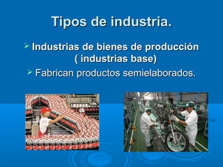 Tipos de industria.
 Industrias de bienes de producción
          ( industrias base)
 Fabrican productos semielaborados.
 