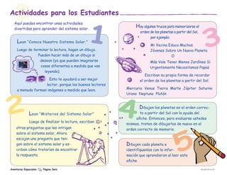 Actividades para los Estudiantes


                                                 1
   Aquí puedes encontrar unas actividades




                                                                                                               3
   divertidas para aprender del sistema solar.
                                                              Hay algunos trucos para memorizarse el
                                                                orden de los planetas a partir del Sol,
                                                                      por ejemplo:
     Lean “Conoce Nuestro Sistema Solar.”
                                                                      Mi Vecina Educa Muchos
     Luego de terminar la lectura, hagan un dibujo.                   Jóvenes Sobre Un Nuevo Planeta
                Pueden hacer más de un dibujo si                                 O
                 desean (ya que pueden imaginarse                     Más Vale Tener Menos Jardínes Si
                  cosas diferentes a medida que van                   Urgentemente Necesitamos Papas
                    leyendo).
                                                                   Escriban su propia forma de recordar
                      Esto te ayudará a ser mejor               el orden de los planetas a partir del Sol.
                    lector, porque los buenos lectores
     a menudo forman imágenes a medida que leen.         Mercurio Venus Tierra Marte Júpiter Saturno




2                                                        4
                                                         Urano Neptuno Plutón


                                                                Dibujen los planetas en el orden correc- 	
              Lean “Misterios del Sistema Solar”                to a partir del Sol con la ayuda del
                                                              afiche. Entonces, para evaluarse ustedes
              Luego de finalizar la lectura, escriban
                                                         mismos, traten de dibujarlos de nuevo en el
    otras preguntas que les intrigan




                                                                                        5
                                                         orden correcto de memoria.
    sobre el sistema solar. Ahora
    escojan una pregunta que ten-
    gan sobre el sistema solar y es-                     Dibujen cada planeta e
    criban cómo tratarían de encontrar                   identifíquenlos con la infor-
    la respuesta.                                        mación que aprendieron al leer este
                                                         afiche.

Aventuras Espaciales   Página Seis                                                                        EW-2008-09-018-JPL
 