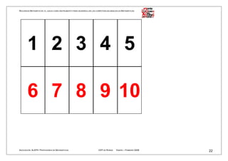 RECURSOS MATEMÁTICOS: EL JUEGO COMO INSTRUMENTO PARA DESARROLLAR LAS COMPETENCIAS BÁSICAS EN MATEMÁTICAS




       1 2 3 4 5

       6 7 8 9 10

ASOCIACIÓN ALEPH PROFESORES DE MATEMÁTICAS                             CEP DE RONDA    ENERO – FEBRERO 2008   22
 