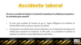 Al ocurrir un accidente de tránsito en el automóvil contratado por la entidad para transportar a
los contratistas quienresponde?
1. Se toma como accidente de transito así que el Seguro Obligatorio de Accidentes de
Tránsito SOAT cubre en primera instancia el accidente.
2. Al presentarse el accidente dentro de horas laborales y con el automóvil contratado por la
entidad para transporte de contratistas la ARL cubre en su totalidad el accidente sin
importar si el vehículo es el que habitualmente usted utiliza..
 