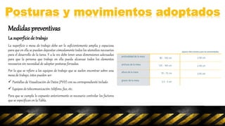 Medidas preventivas
La superficie de trabajo
La superficie o mesa de trabajo debe ser lo suficientemente amplia y espaciosa
para que en ella se puedan depositar cómodamente todos los utensilios necesarios
para el desarrollo de la tarea. Y a la vez debe tener unas dimensiones adecuadas
para que la persona que trabaje en ella pueda alcanzar todos los elementos
necesarios sin necesidad de adoptar posturas forzadas.
Por lo que se refiere a los equipos de trabajo que se suelen encontrar sobre una
mesa de trabajo, éstos pueden ser:
 Pantallas de Visualización de Datos (PVD) con su correspondiente teclado.
 Equipos de telecomunicación: teléfono, fax, etc.
Para que se cumpla lo expuesto anteriormente es necesario controlar los factores
que se especifican en la Tabla.
 