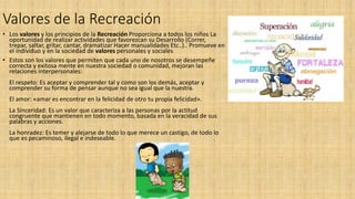 Valores de la Recreación
• Los valores y los principios de la Recreación Proporciona a todos los niños La
oportunidad de realizar actividades que favorezcan su Desarrollo (Correr,
trepar, saltar, gritar, cantar, dramatizar Hacer manualidades Etc..).. Promueve en
el individuo y en la sociedad de valores personales y sociales
• Estos son los valores que permiten que cada uno de nosotros se desempeñe
correcta y exitosa mente en nuestra sociedad o comunidad, mejoran las
relaciones interpersonales:
El respeto: Es aceptar y comprender tal y como son los demás, aceptar y
comprender su forma de pensar aunque no sea igual que la nuestra.
El amor: «amar es encontrar en la felicidad de otro tu propia felicidad».
La Sinceridad: Es un valor que caracteriza a las personas por la actitud
congruente que mantienen en todo momento, basada en la veracidad de sus
palabras y acciones.
La honradez: Es temer y alejarse de todo lo que merece un castigo, de todo lo
que es pecaminoso, ilegal e indeseable.
 