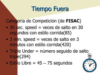 Tiempo Fuera Categor í a de Competici ó n (de  FISAC ) 30 sec. speed = veces de salto en 30 segundos con estilo corrida(85) 3 min. speed = veces de salto en 3 minutos con estilo corrida(420) Triple Under = n ú mero seguido de salto triple(294) Estilo Libre = 45  –  75 segundos 