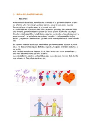 3.

MURAL DEL CARIÑO FAMILIAR.
-

Secuencia:

Para empezar la actividad, haremos una asamblea en la que introduciremos el tema
de la familia y les haremos preguntas a los niños sobre la suya, sobre cuantos
hermanos tiene, con quién viven, si es grande o no, etc.
A continuación les explicaremos los tipos de familias que hay y que cada niño tiene
una diferente, pero haremos hincapié en que todas quieren muchísimo a sus hijos.
Concluiremos la asamblea realizándoles preguntas como estas: ¿te gusta estar con tu
papa o mama?, ¿te gusta hacer excursiones con ellos?, ¿te lo pasas bien junto a
ellos?, ¿juegas con tus hermanos?, ¿qué es lo que más te gusta hacer con tu familia?,
etc.
La segunda parte de la actividad consistirá en que haremos entre todos un mural en
clase y lo decoraremos al gusto de todos, dejando un espacio en él para cada niño y
su familia.
Así, los niños tendrán que hacer un dibujo de su familia para poner en ese hueco y
una frase de cariño escrita por toda la familia.
Además cada niño escribirá junto al dibujo algo bueno de cada miembro de la familia
que salga en él. Después lo leerán en alto.

 