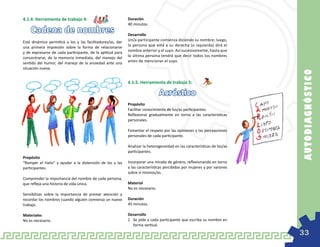 4.1.4. Herramienta de trabajo 4:                            Duración
                                                            40 minutos.
    Cadena de nombres                                       Desarrollo
Está dinámica permitirá a los y las facilitadores/as, dar   Un/a participante comienza diciendo su nombre; luego,
una primera impresión sobre la forma de relacionarse        la persona que está a su derecha (o izquierda) dirá el
y de expresarse de cada participante, de la aptitud para    nombre anterior y el suyo. Así sucesivamente, hasta que
concentrarse, de la memoria inmediata, del manejo del       la última persona tendrá que decir todos los nombres
sentido del humor, del manejo de la ansiedad ante una       antes de mencionar el suyo.
situación nueva.




                                                                                                                          AU TOD IAGN Ó ST IC O
                                                            4.1.5. Herramienta de trabajo 5:

                                                                               Acróstico
                                                            Propósito
                                                            Facilitar conocimiento de los/as participantes.
                                                            Reflexionar gradualmente en torno a las características
                                                            personales.

                                                            Fomentar el respeto por las opiniones y las percepciones
                                                            personales de cada participante.

                                                            Analizar la heterogeneidad en las características de los/as
                                                            participantes.
Propósito
“Romper el hielo” y ayudar a la distensión de los y las     Incorporar una mirada de género, reflexionando en torno
participantes.                                              a las características percibidas por mujeres y por varones
                                                            sobre sí mismos/as.
Comprender la importancia del nombre de cada persona,
que refleja una historia de vida única.                     Material
                                                            No es necesario.
Sensibilizar sobre la importancia de prestar atención y
recordar los nombres cuando alguien comienza un nuevo       Duración
trabajo.                                                    45 minutos.

Materiales                                                  Desarrollo
No es necesario.                                            1	 Se pide a cada participante que escriba su nombre en
                                                               forma vertical.

                                                                                                                          33
 