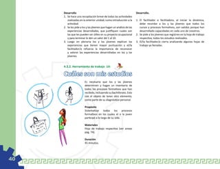 Desarrollo                                                         Desarrollo.
     1.	 Se hace una recopilación breve de todas las actividades
         realizadas en la anterior unidad, como introducción a la       1.	 El facilitador o facilitadora, al iniciar la dinámica,
         actividad.                                                         debe recordar a los y las jóvenes que todos los
     2.	 Se les pide a los y las jóvenes que hagan un análisis de las       cursos y procesos formativos, son validos porque han
         experiencias desarrolladas, que justifiquen cuales son             desarrollado capacidades en cada uno de nosotros.
         las que les pueden ser útiles en su proyecto ocupacional       2.	 Se pide a los jóvenes que registren en la hoja de trabajo
         y para terminar le den un valor del 1 al 10.                       respectiva, todos los estudios realizados.
     3.	 Luego en plenaria los y las jóvenes explican las               3.	 El/la facilitador/a cierra analizando algunas hojas de
         experiencias que tienen mayor puntuación y el/la                   trabajo ya llenadas.
         facilitador/a refuerza la importancia de reconocer
         y valorar las experiencias desarrolladas en los y las
         jóvenes.


     4.3.2. Herramienta de trabajo 14:

     Cuáles son mis estudios
                        Es necesario que los y las jóvenes
                        determinen y hagan un inventario de
                        todos los procesos formativos que han
                        recibido, incluyendo su bachillerato. Esto
                        con el objeto de tener otro elemento,
                        como parte de su diagnóstico personal.

                        Propósito
                        Sistematizar todos los procesos
                        formativos en los cuales el o la joven
                        participó a lo largo de su vida.

                        Materiales
                        Hoja de trabajo respectiva (ver anexo
                        pág. 74).

                        Duración
                        45 minutos.




40
 