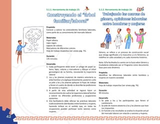 5.1.1. Herramienta de trabajo 15:                               5.1.2. Herramienta de trabajo 16:

     Construyendo el “árbol                                             Trabajando las marcas de
                                                                       género, opiniones laborales
       familiar/laboral”                                                entre hombres y mujeres
     Propósito
     Conocer y valorar los antecedentes familiares laborales,
     como parte de su conocimiento del mercado laboral.

     Materiales
     Papel sábana.
     Lápiz negro.
     Lápices de colores.
     Marcadores de diferentes colores.
     Hoja de trabajo respectiva (ver anexo pág. 75).
                                                                     Género, se refiere a un proceso de construcción social
                                                                     que otorga significado a lo masculino y a lo femenino, se
     Duración
                                                                     redefine en cada sociedad y en cada momento histórico.
     135 minutos.
                                                                     Nota: El/la facilitador/a cuenta con la Guía sobre Género y
     Desarrollo                                                      Ciudadanía elaborada por el Programa como documento
     1.	 Cada participante debe tener un pliego de papel sa-         base para esta dinámica.
         bana, lápiz, colores y marcadores y dibujar el árbol
         genealógico de su familia, rescatando la trayectoria        Propósito
         laboral.                                                    Identificar las diferencias laborales entre hombres y
     2.	 Los y las jóvenes muestran de manera voluntaria su          mujeres en nuestra sociedad.
         árbol familiar y lo explique brevemente, posterior a ello
         se pide a los y las jóvenes apliquen la hojas de trabajo    Materiales
         y llenen el cuadro de donde se describe las profesiones     Hoja de trabajo respectiva (ver anexo pág. 76).
         de varones y mujeres.
     3.	 A partir de esta actividad se logrará hacer un              Duración
         reconocimiento de cuál es la trayectoria laboral familiar   90 minutos.
         y valorar las diferentes profesiones y ocupaciones
         existentes.                                                 Desarrollo
     4.	 El/a facilitador/a debe reforzar las prácticas laborales    1.-	Se pide a los y las participantes que llenen el
         tradicionalmente distribuidas entre hombres y mujeres,          cuestionario.
         haciendo énfasis en el sentido que, en todas las            2.-	Se pide de manera aleatoria a los y las jóvenes que lean
         ocupaciones pueden participar tanto varones como                sus respuestas.
         mujeres.                                                    3.-	En función a los resultados se analiza la situación actual
                                                                         del mercado laboral con relación a varones y mujeres.
42
 