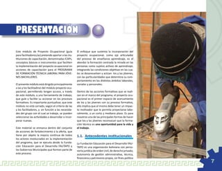 PRESENTACIÓN
Este módulo de Proyecto Ocupacional (guía            El enfoque que sustenta la incorporación del
para facilitadores/as) pretende aportar a las ins-   proyecto ocupacional, como eje articulador
tituciones de capacitación, denominadas ICAPs,       del proceso de enseñanza aprendizaje, es el
conceptos básicos e instrumentos que faciliten       abordar la formación centrada la mirada en las
la implementación del proyecto ocupacional en        personas como sujetos activos de aprendizaje,
acciones de capacitación para el PROGRAMA            integrando las condiciones objetivas en las cua-
DE FORMACIÓN TÉCNICA LABORAL PARA JÓVE-              les se desenvuelven y actúan los y las jóvenes,
NES BACHILLERES.                                     con las particularidades que determina su com-
                                                     portamiento en los distintos ámbitos laborales,
El presente módulo está dirigido principalmente      sociales y personales.
a las y los facilitadires del módulo proyecto ocu-
pacional, permitiendo tengan acceso, a través        Dentro de las acciones formativas que se reali-
de este módulo, a una herramienta de trabajo,        zan en el marco del programa, el proyecto ocu-
que guíe y facilite su accionar en los procesos      pacional es el primer espacio de acercamiento
formativos. Es importante puntualizar, que este      de los y las jóvenes con su proceso formativo,
módulo no está cerrado, según el criterio de las     ello implica que el mismo debe tener un impac-
y los facilitadores, y en función a las necesida-    to motivador que le permita proyectarse labo-
des del grupo con el cual se trabaje, se pueden      ralmente, a un corto y mediano plazo. Es para
seleccionar las actividades a desarrollar o incor-   nosotros una de las principales formas de hacer
porar nuevas.                                        que los y las jóvenes reconozcan que la forma-
                                                     ción técnica es una oportunidad para la vida y
Este material se enmarca dentro del conjunto         el trabajo.
de acciones de fortalecimiento a la oferta, que
tiene por objeto la mejora continua de todos         1.1.	 Antecedentes institucionales
los actores involucrados en la implementación
del programa, que se ejecuta desde la Funda-         La Fundación Educación para el Desarrollo FAU-
ción Educación para el Desarrollo FAUTAPO y          TAPO es una organización boliviana con perso-
los Gobiernos Municipales que forman parte de        nería jurídica de orden civil, de derecho privado,
este proceso.                                        autonomía de gestión administrativa, técnica,
                                                     financiera y patrimonio propio, sin fines político
                                                                                                          7
 