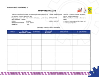 HOJA DE TRABAJO – HERRAMIENTA 19

                                                         TRABAJO REMUNERADO

      Todos los trabajos que realizaste, por más insignificantes que parezcan   TAREAS QUE REALIZABA	 Atención al público, ayudante de vitrinas,
      son valiosos. En todos aprendiste algo.                                                         escribir la orden de pedidos.
      Empieza por poner en la lista el último trabajo que tuviste hasta         DIFICULTADES	         Mala ortografía, me costaba hablar con la
      llegar al primero. Ejemplo:                                                                     gente.
      CARGO:	                     Vendedor                                      LO QUE APRENDÍ	       A cuidar mi aspecto personal, a tratar con
      EMPRESA/INSTITUCIÓN	 Tienda “SONY”                                                              el público, a ser puntual.
      DURACIÓN	                   2 Años

                                                        Describe tu trayectoria laboral remunerada

                         EMPRESA                                      TAREAS QUE
     CARGO                                      DURACION                                          DIFICULTADES                  LO QUE APRENDI
                    INSTITUCIÓN LUGAR                                  REALIZABA




                                                                                                                                                   81
 