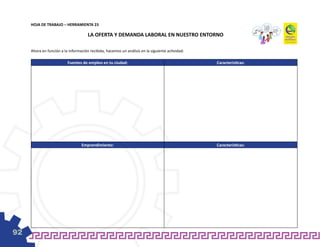 HOJA DE TRABAJO – HERRAMIENTA 23

                                      LA OFERTA Y DEMANDA LABORAL EN NUESTRO ENTORNO

     Ahora en función a la información recibida, hacemos un análisis en la siguiente actividad:

                          Fuentes de empleo en tu ciudad:                                         Características:




                                  Emprendimiento:                                                 Características:




92
 