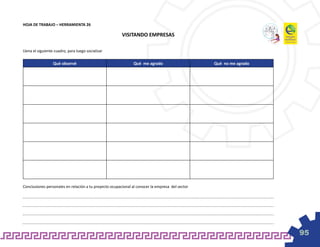 HOJA DE TRABAJO – HERRAMIENTA 26

                                                        VISITANDO EMPRESAS

Llena el siguiente cuadro, para luego socializar

                  Qué observé                                 Qué me agrado                      Qué no me agrado




Conclusiones personales en relación a tu proyecto ocupacional al conocer la empresa del sector




                                                                                                                    95
 