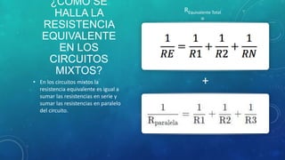 ¿CÓMO SE
HALLA LA
RESISTENCIA
EQUIVALENTE
EN LOS
CIRCUITOS
MIXTOS?
• En los circuitos mixtos la
resistencia equivalente es igual a
sumar las resistencias en serie y
sumar las resistencias en paralelo
del circuito.
REquivalente Total
=
+
 