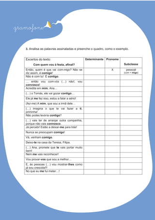 3. Analisa as palavras assinaladas e preenche o quadro, como o exemplo.
Excertos do texto:
Com quem vou à festa, afinal?
Determinante Pronome
Subclasse
Então, quem é que vai com-migo? Não se
diz assim, é comigo!
X pessoal
(com + migo)
Não é com tu! É contigo.
… então vou com-vós (…) não!, vou
convosco!
Acredita em mim, Ana…
(…) o Tomás, ele vai gozar contigo…
Ele já me fez isso, estou a falar a sério!
(fez-me) A mim, que sou a irmã dele…
(…) imagina o que te vai fazer a ti,
priminha!
Não podes levá-la contigo?
(…) vais ter de arranjar outra companhia,
porque não vais connosco.
Já percebi! Estão a deixar-me para trás!
Nunca se preocupam comigo!
Vá, venham comigo.
Deixo-te na casa da Teresa, Filipa.
(…) Ana, promete que te vais portar muito
bem!
Nem me vais reconhecer!
Vou provar-vos que sou a melhor…
E, às pessoas (…) vou mostrar-lhes como
já sou crescida!!!
No que eu me fui meter…!
 