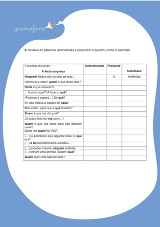 6. Analisa as palavras assinaladas e preenche o quadro, como o exemplo.
Excertos do texto:
A festa surpresa
Determinante Pronome
Subclasse
Ninguém falava alto na sala de aula… X indefinido
Vamos lá a saber: quem é que disse isso?
Onde ?mavatseeuqé
... ficaram aqui?! A fazer o quê?
(Ficámos à espera…) De quê?
Eu não estava à espera de nada!
Mas então, para que é que ficaram?
Quem ?lauqzidemeuqé
Já estou farta de vos !…rivuo
Quem é que vos disse para não dizerem
nada?
Dizes-me quem ?iuR,iof
(…) ia acontecer aqui alguma coisa. O que
era?
(…) o tal acontecimento sucedeu…
(…) sucedeu mesmo naquele instante.
(…) tinham uma prenda. Sabem qual?
Quem quer uma fatia de bolo?
 