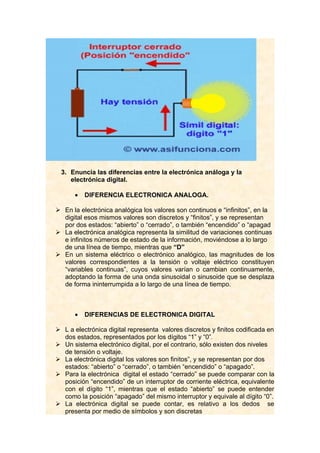 3. Enuncia las diferencias entre la electrónica análoga y la
    electrónica digital.

      •   DIFERENCIA ELECTRONICA ANALOGA.

 En la electrónica analógica los valores son continuos e “infinitos”, en la
  digital esos mismos valores son discretos y “finitos”, y se representan
  por dos estados: “abierto” o “cerrado”, o también “encendido” o “apagad
 La electrónica analógica representa la similitud de variaciones continuas
  e infinitos números de estado de la información, moviéndose a lo largo
  de una línea de tiempo, mientras que “D”
 En un sistema eléctrico o electrónico analógico, las magnitudes de los
  valores correspondientes a la tensión o voltaje eléctrico constituyen
  “variables continuas”, cuyos valores varían o cambian continuamente,
  adoptando la forma de una onda sinusoidal o sinusoide que se desplaza
  de forma ininterrumpida a lo largo de una línea de tiempo.



      •   DIFERENCIAS DE ELECTRONICA DIGITAL

 L a electrónica digital representa valores discretos y finitos codificada en
  dos estados, representados por los dígitos “1” y “0”.
 Un sistema electrónico digital, por el contrario, sólo existen dos niveles
  de tensión o voltaje.
 La electrónica digital los valores son finitos”, y se representan por dos
  estados: “abierto” o “cerrado”, o también “encendido” o “apagado”.
 Para la electrónica digital el estado “cerrado” se puede comparar con la
  posición “encendido” de un interruptor de corriente eléctrica, equivalente
  con el dígito “1”, mientras que el estado “abierto” se puede entender
  como la posición “apagado” del mismo interruptor y equivale al dígito “0”.
 La electrónica digital se puede contar, es relativo a los dedos se
  presenta por medio de símbolos y son discretas
 