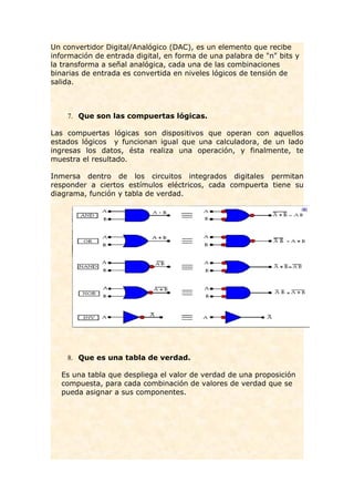 Un convertidor Digital/Analógico (DAC), es un elemento que recibe
información de entrada digital, en forma de una palabra de "n" bits y
la transforma a señal analógica, cada una de las combinaciones
binarias de entrada es convertida en niveles lógicos de tensión de
salida.



    7. Que son las compuertas lógicas.

Las compuertas lógicas son dispositivos que operan con aquellos
estados lógicos y funcionan igual que una calculadora, de un lado
ingresas los datos, ésta realiza una operación, y finalmente, te
muestra el resultado.

Inmersa dentro de los circuitos integrados digitales permitan
responder a ciertos estímulos eléctricos, cada compuerta tiene su
diagrama, función y tabla de verdad.




    8. Que es una tabla de verdad.

  Es una tabla que despliega el valor de verdad de una proposición
  compuesta, para cada combinación de valores de verdad que se
  pueda asignar a sus componentes.
 