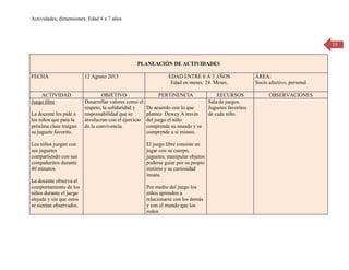 Actividades, dimensiones. Edad 4 a 7 años

13

PLANEACIÓN DE ACTIVIDADES
FECHA

12 Agosto 2013

ACTIVIDAD
Juego libre

OBJETIVO
Desarrollar valores como el
respeto, la solidaridad y
responsabilidad que se
involucran con el ejercicio
de la convivencia.

La docente les pide a
los niños que para la
próxima clase traigan
su juguete favorito.
Los niños juegan con
sus juguetes
compartiendo con sus
compañeritos durante
40 minutos.
La docente observa el
comportamiento de los
niños durante el juego
alejada y sin que estos
se sientan observados.

EDAD ENTRE 0 A 3 AÑOS
Edad en meses: 24 Meses.
PERTINENCIA
De acuerdo con lo que
plantea Dewey A través
del juego el niño
comprende su mundo y se
comprende a sí mismo.
El juego libre consiste en
jugar con su cuerpo,
juguetes, manipular objetos
poderse guiar por su propio
instinto y su curiosidad
innata.
Por medio del juego los
niños aprenden a
relacionarse con los demás
y con el mundo que los
rodea.

RECURSOS
Sala de juegos.
Juguetes favoritos
de cada niño.

ÁREA:
Socio afectivo, personal.
OBSERVACIONES

 