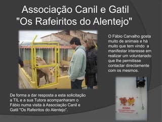  Associação Canil e Gatil "Os Rafeiritos do Alentejo"O Fábio Carvalho gosta muito de animais e há muito que tem vindo  a manifestar interesse em realizar um voluntariado que lhe permitisse contactar directamente com os mesmos. De forma a dar resposta a esta solicitação  a TIL e a sua Tutora acompanharam o Fábio numa visita à Associação Canil e Gatil "Os Rafeiritos do Alentejo”.
