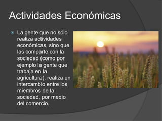 Actividades Económicas
   La gente que no sólo
    realiza actividades
    económicas, sino que
    las comparte con la
    sociedad (como por
    ejemplo la gente que
    trabaja en la
    agricultura), realiza un
    intercambio entre los
    miembros de la
    sociedad, por medio
    del comercio.
 