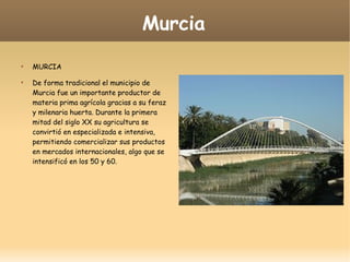 Murcia

MURCIA

De forma tradicional el municipio de
Murcia fue un importante productor de
materia prima agrícola gracias a su feraz
y milenaria huerta. Durante la primera
mitad del siglo XX su agricultura se
convirtió en especializada e intensiva,
permitiendo comercializar sus productos
en mercados internacionales, algo que se
intensificó en los 50 y 60.
 
