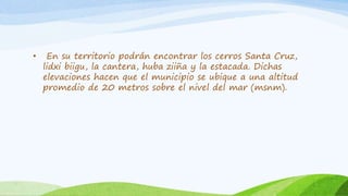 • En su territorio podrán encontrar los cerros Santa Cruz,
lidxi biigu, la cantera, huba ziiña y la estacada. Dichas
elevaciones hacen que el municipio se ubique a una altitud
promedio de 20 metros sobre el nivel del mar (msnm).
 