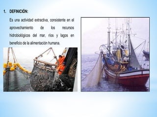 1. DEFINICIÓN:
Es una actividad extractiva, consistente en el
aprovechamiento de los recursos
hidrobiológicos del mar, ríos y lagos en
beneficio de la alimentación humana.
 