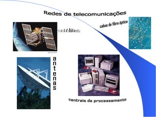 Redes de telecomunicações satélites antenas cabos de fibra óptica  centrais de processamento 