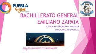 BACHILLERATO GENERAL
EMILIANO ZAPATA
ACTIVIDADES ECONOMICAS DE TEHUACAN
APLICACIONES INFORMATICAS
MARIA DE LOS ANGELES TECUA HERNANDEZ
2° “E”
 