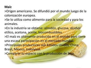 Maíz 
>Origen americano. Se difundió por el mundo luego de la 
colonización europea. 
>Se lo utiliza como alimento para la sociedad y para los 
animales. 
>En la industria se obtiene: almidón, glucosa, alcohol 
etílico, acetona, aceite, biocombustibles. 
>El maíz es altamente producido en el mundo pero tiene 
una escasa participación en el mercado mundial. 
>Principales productores son Estados Unidos, China, 
Brasil, México, Indonesia. 
>Comparte su espacio con la producción de Soja. 
 