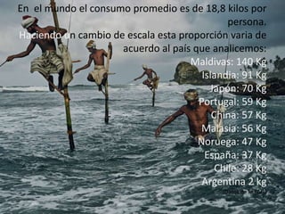 En el mundo el consumo promedio es de 18,8 kilos por 
persona. 
Haciendo un cambio de escala esta proporción varia de 
acuerdo al país que analicemos: 
Maldivas: 140 Kg 
Islandia: 91 Kg 
Japón: 70 Kg 
Portugal: 59 Kg 
China: 57 Kg 
Malasia: 56 Kg 
Noruega: 47 Kg 
España: 37 Kg 
Chile: 28 Kg 
Argentina 2 kg 
(Datos de la FAO) 
 