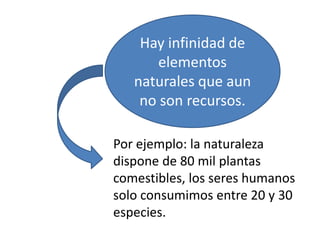 Hay infinidad de 
elementos 
naturales que aun 
no son recursos. 
Por ejemplo: la naturaleza 
dispone de 80 mil plantas 
comestibles, los seres humanos 
solo consumimos entre 20 y 30 
especies. 
 
