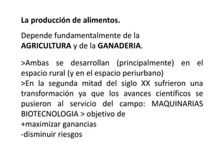 La producción de alimentos. 
Depende fundamentalmente de la 
AGRICULTURA y de la GANADERIA. 
>Ambas se desarrollan (principalmente) en el 
espacio rural (y en el espacio periurbano) 
>En la segunda mitad del siglo XX sufrieron una 
transformación ya que los avances científicos se 
pusieron al servicio del campo: MAQUINARIAS 
BIOTECNOLOGIA > objetivo de 
+maximizar ganancias 
-disminuir riesgos 
 