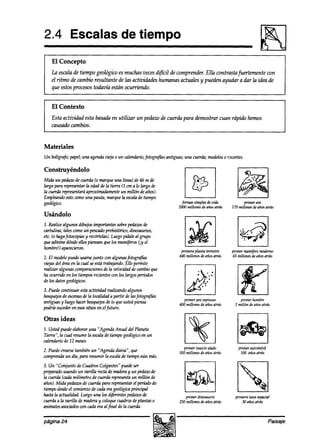 2.4 Escalas de tiempo
    El Concepto
   La escala de tiempo geológico es muchas vecesdifícil de comprender. Ella contrastafuertemente con
   el ritmo de cambio resultante de las actividades humanas actuales y pueden ayudar a dar la idea de
   que estosprocesostodavía están ocurriendo.


    El Contexto
   Esta actividad esta basadaen utilizur un pedaw de cuerda para demostrar cuan rápido hemos
   caush cambios.


Materiales
Un bolígrafo;papel;una agendazkja 0 un calendario;
                                                 fotografis antiguas; una cuerda;modelos recortes,
                                                                                       0

Construyéndolo
                                                                          i“
Mida un pedazo cuerda(0 marque línea) de46 m de
                de                  una                                    :;..t
                                                                            i.. :,;.:
largo para representar edadde la tierra (1 cm a lo largo de
                     la                                                   :. mi.‘..-
                                                                         D ...
lacwdarepresentará   aproximadamente millón deaños).
                                       un
Empleandoestocómouna pauta, marquela escala tiempo
                                                 de                 I                   I
geológico.                                                        jbrmas  simples zkIa
                                                                                 de                p?iw ave
                                                                 2000millones de años atrás   170ndhesdeañosatrás
Usándolo
1. Realicealgunos dibujos importantessobrepe&ws de
cartulina, talescomoun pescado prehistórico,dinosaurios,
                                                                                                ti ./a
                                                                                                    >
etc. Co fotocopias y recórtelas).Luegopídaleal grupo
       haga
queadbine dóndeellospiensan que los mamíferos el
hombre!)aparecieron.
                                                Cjy                 I                   I
                                                                                                rl
                                                                                                 I          I
                                                                  primera planta terrestre    primer
                                                                                                   mamífero
                                                                                                        modemo
2. El modelopuedeusarse   junto con algunasfotogr@as             440 millones de a6os atrás   65&ones de años atrás
tijas del áreaen la cual seestá trabajando. permite
realizar algunas comparaciones
                                            Ello
                                delavelocidadde cambioque           I
                                                                         . ..
                                                                            =           I



                                                                        d .:*’
ha ocurrkio en los tiempos recientescon los largosperíodos
de los datosgeológicos.
3. Puedecontinuar esta actizridadrealizandoalgunos
bosquejos escenas la localidada partir de lasfotografias
          de        de
antiguas y luego hacerbosquejos lo queustedpiensa
                                 de                                 tiw w espi=                   priw hombre
                                                                 400 millones de años atrás    1 millón de años atrás
podríasucederen esos sitios en elfüturo.

Otras ideas
2. Ustedpuedeelaboraruna “Agenda Anual del Planeta
Tierra”, Zacual resumela escalade tiempogeológico un
                                                 en
~alenkio de 12 meses.                                                                           1                   I



                                                                                                .*
                                                                   primer insefto ahdo           primer automóvil
2. Puedecrearsetambiénun “Agenda diaria”, que                    350 millones de años atrás       100miosatrás
wmprenaa un ah,para resumir la escala tiempoaún mas.
                                    de




                                                                        a,‘,
                                                                        .
3. Un “Conjunto de CuadrosColgantes“puedeser
preparadousandoun varilla rectade maderay un pedazo

años).Mida pedazos cuerdapara representar perúxI de
                    de
tiempodesde comienw de cadaerageológica
             el
                                           el
                                          principal
hastala actualidad.Luego una los a+ws pedazos   de
                                                    de
la cueraa(cadamilímetro de cuera?representa millón de
                                          un



cuenda la varilla de maderay coloquecuadrosdeplantas 0
       a
animalesasociadoscadaera al final de la cuerda.
                   con
                                                                    L
                                                                     priw dinosaurio
                                                                                        1
                                                                 2.50millones de años atrás
                                                                                                PiI
                                                                                               primera nave espacial
                                                                                                   30 años atrás



página 24                                                                                                           Paisaje
 