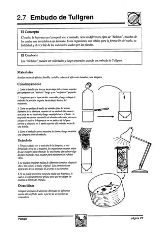2.7 Embudo de Tullgren
   El Concepto
    El suelo, la hojarasca y el compost son, a menudo, ricos en d$érentes tipos de “bichitos”, muchos de
    los cuales son invisibles a ojo desnudo. Estosorganismos son vitales para la formación del suelo, su
   f~tiliakd y el reciclaje de los nutrientes usados por las plantas.


   El Contexto
   Los “bichitos” pueden ser colectadosy luego separadosusando un embudo ak Tullgren.


Materiales
Botellasvacíasdept%stico@xible;cuchillo; cedazos diferentestamaños; lampara.
                                               de                 una

Construyéndolo
1. Corte la botella aos
                      tercioshaciaabajodel extremosuperior
para prepararun “embudo” bzrgoy un “recipientespequeño.
2. Asegúrese que la tapaha sido removi& y luegocoloqueel
embudo  (la porción angostahaciaabajo)aw0 del
recipiente.
3. Corte un pedazode malla dealambre    fina del mismo
diámetro abertura superior deSUmbuao manera
          de la                                (de
que calceen su interior) y luego empújelahaciaelfondo.  Si
no puedeencontrar una malla de alambreadecuada,     entonces
coloqueel suelo 0 la hojarasca un pedazode tul para
                               en
cortina y ~bíq4ela en la parte superior del embudohechode
una botella.
4. Llene el embudown su muestrade tierra y luegoencienda
una bímparasobreel embudo.

Usándolo
1. Tengacuidado wn la posicionde la lámpara,si está
demasiadode la muestra,los organismosmuerenantes
      cerca
de queescapen
            hacia elfondo. Es una buenaideacolocaralgo
de papelhúmedoen el colectorpara mantenerlos bichitos
mbos.
2. Sepuedenpreparar mallasdeaifeee tamaños       plegando
(aostres veces)la malla original. Estopermitirá una
    0
separación los animalesdeacuerdo tamaños.
          de                        a sus
3. Si no puedeencontrar ninguna malla usehojarasca,
                                                  la
cual eslo su&ientemente gruesapara que no caiganlos
insectosa través del embudo.

Otras ideas
Compare  animalesde distintos obtenidosen d$mhs
puntos del perfil del suelo,0 partesde un montón de
compostera.




Paisaje                                                                                           página 27
 