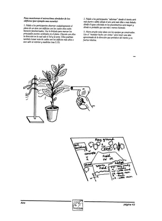 Pura monitorear el microclima akededor de los
                                                                 2. Pídalea los p&cipantes “‘adivinar” dondeel viento sed
   edificios (por ejemplo una escuela):
                                                                 rnás@rte 0 dé%l;dóndeel aire serámástibio 0 máshelado;
    1. Pídalea los participanles observarcuidadosamente  el      dóndeel aguu colectada los pluviómetros será mayor y
                                                                                        en
   plano de un área con edt$icioscon los cualesellos estén       dónakesprobableque seanuíso menoshúmedo.
   bastantefamiha~os. Usela brújula para marcar los              3. Ahora pruebeestasideascon los equiposya construidos.
   principales puntos cardinalesen el plano. Discuta con ellos   Useel “‘medidorhechocon cintas” para tew una idea
   la direcci6nen la cual saleel Sol y sep”e. Ellos podtin        aproximadude la direcciónqueprevalece viento y su
                                                                                                       del
   tambiéntomar nota de cuálesson los edfwios másaltos o         fuerza relutiva.
   aun salir al exterior y medirlos(vea5.13).




Aire
                                                                                                           página   43
 