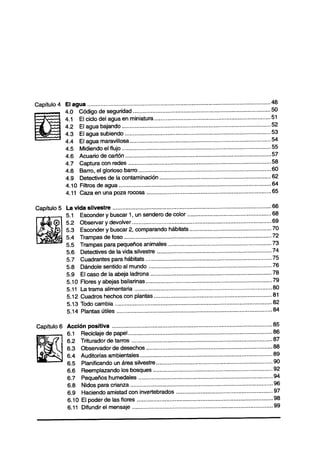 Capítulo 4 El agua ................................................................................................................    48
           4.0 Código de seguridad ....................................................................................                50
           4.1 El ciclo del agua en miniatura .......................................................................                  51
           4.2 El agua bajando ...........................................................................................              52
           4.3 El agua subiendo .........................................................................................               53
           4.4 El agua maravillosa.. ....................................................................................               54
           4.5 Midiendo el flujo ...........................................................................................            55
           4.6 Acuario de cartón .........................................................................................              57
                 4.7   Captura con redes ......................................................................................        .58
                 4.8   Barro, el glorioso barro .................................................................................       60
                  4.9 Detectives de la contaminación ....................................................................               62
                  4.10 Filtros de agua .............................................................................................   64
                  4.11 Caza en una poza rocosa ............................................................................            65

Capítulo 5 La vida silvestre .................................................................................................         66
           5.1 Esconder y buscar 1, un sendero de color ..................................................                             .68
           5.2 Observar y devolver .....................................................................................                69
           5.3 Esconder y buscar 2, comparando hábitats.. ................................................                             70
           5.4 Trampas de foso ..........................................................................................              72
           5.5 Trampas para pequeños animales ...............................................................                          73
           5.6 Detectives de la vida silvestre ......................................................................                  74
           5.7 Cuadrantes para hábitats .............................................................................                  75
           5.8 Dándole sentido al mundo ...........................................................................                    76
           5.9 El caso de la abeja ladrona ..........................................................................                  78
           5.10 Flores y abejas bailarinas.. ..........................................................................                .79
           5.11 La trama alimentaria ....................................................................................               80
           5.12 Cuadros hechos con plantas .......................................................................                     .81
           5.13 Todo cambia ................................................................................................            82
           5.14 Plantas útiles ...............................................................................................          84

 Capítulo 6 Acción positiva ..................................................................................................          85
            6.1 Reciclaje de papel ........................................................................................             86
            6.2 Triturador de tarros .....................................................................................             .87
            6.3 Observador de desechos .............................................................................                    88
            6.4 Auditorías ambientales.. ..............................................................................                .89
            6.5 Planificando un área silvestre .......................................................................                  90
            6.6 Reemplazando los bosques ........................................................................                      .92
            6.7 Pequeños humedales ..................................................................................                   94
            6.8 Nidos para crianza .......................................................................................              96
            6.9 Haciendo amistad con invertebrados ..........................................................                          .97
                   6.10 El poder de las flores ..................................................................................      .98
                   6.11 Difundir el mensaje ......................................................................................      99
 