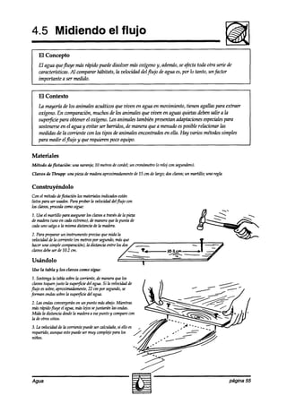 4.5 Midiendo el flujo
    El Concepto
    El agua quefluye más rápido puede disolver más oxígeno y, ademh, se afecta toda otra ser-k de
    caracterkticas. Al comparar hábitats, la velocidad delflujo de agua es, por lo tanto, un factor
    importante a ser medido.


    El Contexto
    LA mayorh de los animales acuáticos que viven en agua en movimiento, tienen agallas para extraer
    oxígeno. En comparación, muchos de los animales que viven en aguas quietas deben salir a h
    superficie para obtener el oxígeno. Los animales también presentan adaptaciones especialespara
    sostenerseen el agua y evitar ser barridos, de manera que a menudo es posible relacionar las
    medidas de la corriente con los tipos de animales encontrados en ella. Hay z7ario.s
                                                                                      métodos simples
    para medir eljlujo y que requieren poco equipo.


Materiales
Método deflotación:    una naranja; 20 metrosde cordel;un cronómetro(o reloj con segundero).
Clavos de Thrupp: una piezade maderaaproximadamente 15 cm de largo; dosclavos;un martillo; unn regla.
                                                  de

Construyéndolo
Con el métodoa%flotaciónlos materialesindicadosestán
listos para ser usados.Para probar la velociaáddelfrujo con
los chos, proceda  wmo sigue:
1. Useel martillo para asegurarlos clavosa travésde la pieza
de madera(uno en cadaextremo),de maneraque la punta de
cadauno salgaa la mismadistancia de la madera.
2. Parapreparar un instrumento precisoque mida ka
velocidadde h corriente (en metrospor segundo,
huceruna simple wmparación), la dihncia
claz>os ser de 10.2 cm.
      debe

Usándolo
Use la tabla y los clavos como sigue:

 2. Sostenga tabla sobrela corriente,de maneraque los
           la
 chos toquenjusto la supeficie del agua. Si la velocihd de
jlujo essobre,aproximadamente, cm por segundo,se
                                22
fmn     ondassobrela supe$cie del agua.
2. Las ondasconvergeránen un punto másabajo.Mientras
másrápido$uye el agua, más140ssejuntarán las ondas.
Mida la distancia desde maderaa ese
                       la          punto y comparecon
la de otrossitios.
3. la velociakdde la corrientepuedeser calculada,si ello es
requerido,aunqueestopuedeser muy complejo     para los
niños.




Agua                                                                                                    página 55
 