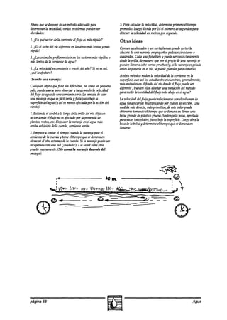 Ahora que se dispone de un método adecuado para                3. Para calcular la velocidad,determineprimero el tiempo
determinarla velocidad,varios problemaspuedenser               promedio.Luegoaií7kh 10 el número de segundos
                                                                                        por                          para
abordados:                                                     obtenerla velocidaden metrospor segundo.
1. ¿En quésectorde la corrienteeljlujo esmásrápido?            Otras ideas
2. i Es el lechodel tío diferenteen las áreasmáslentasy más    Con un sacabocadosun cortaplumas,puedecortar la
                                                                                  0
rápida?                                                        uíscarade una naranja en pequeños pedazos   circulares0
3. i los animalesprf$eren vivir en los sectores rápidos0
                                              más              cuadrados.Cadaunopota bien y puedeser visto claramente
máslentosde la corrientedeagua?                                desde orilla, de maneraquepor el precio de una naranja se
                                                                    la
                                                               puedenlleoar a cabovarias pruebasty, si la naranja espelada
4. ila velocidadesconstantea travésdel año?Si no esasí,        antesdeponerla en el río, sepuedeguardnr para wmeh).
iqué la afedará?
                                                               Ambosmétodos    miden la velocidadde la corrienteen la
Usando una naranja:                                            supe$icie,aun así los estudiantesencuentran,generalmente,
                                                               másanimalesen elfondo ti dondeelflujo puedeser
                                                                                        del
Cualquier objetoqueflote sin dificultad, tal comoun pequeño
                                                               aferente 2Puedenellos ati       unavariación del método
palo, puedeusarsepara obseroar luego medir la velociahd
                                 y
                                                               para medir la cantidad delflujo másabajoen el agua?
delpujo deaguade una corriente o río. La ventaja de usar
una naranja esqueesfácil uerh yjlota justo tujo la             La velocidaddeljlujo puederelacionarse el volumen de
                                                                                                       con
superficiedel agua Cyasí esmenosafectada LI acción del
                                            por                agua (la descarga)multiplicando por el áreade sección.Una
viento).                                                       medidamásdirecta, másprimitiva, de estevalor puede
                                                               obtenerse tomandoel tiempoquesedemoraen llenar una
1. Extienak el cordela lo hrgo de la orilla del ti, elija un
                                                               bolsagrandede plástico grueso.Sostenga bolsa,apretada
                                                                                                        la
sector eljlujo
    donde            no esnfectado la presencia
                                   por                de
                                                               para sacartodoel aire, justo bajola superficie.Luegoabra la
plantas, restos,etc. Dejecaerla naranja en el aguamás
                                                               bocade la bolsay determineel tiempoque sedemoraen
am’badel inicio de la cuerda,corriente am’ba.
                                                               llenarse.
2. Empiece contar el tiempocuanak la naranjapaseel
           a
cazienzodelawdaytomeeltiempoquesedemoraen
alcanzarel otro extremode la cuerda.Si la naranjapuedeser
recuperaak una red (iLXi&do!), 0 si ustedtiene otra,
           wn
pruebemuzamente. (No coma la naranja después del
ensayo).




página 56                                                                                                           Agua
 