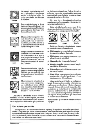 La energía irradiada desde el        tar fácilmente disponibles. Cada actividad es
                sol y capturada por las plantas      enfocada como una investigación, como una
                verdes es la fuente básica de        oportunidad para el diseño o para un juego
                poder para todos los sistemas        constructivo o juego de roles.
                ecológicos.
  Energía                                                Hay una breve introducción      temática
                                                     para incorporar los conceptos y temas que ca-
                Los movimientos de la tierra         racterizan cada sistema.
                junto con la erosión física y los
                                                         Cada actividad emplea uno o más de los
                procesos químicos y biológicos
                                                     siguientes símbolos (investigación, diseño o jue-
                eventualmente dan lugar a la
                                                     go) indicando el enfoque que se ha elegido.
                formación del suelo.
  Paisaje

                El aire contiene oxígeno y dió-
                xido de carbono que son esen-
                ciales para la vida. El tiempo at-
                mosférico, el viento, la lluvia y    Investigación         Juego             Diseño
                el clima también influyen en las
    AiR         condiciones para la vida.                Existe un formato estandarizado       basado
                                                     en los siguientes encabezamientos:

                El agua constituye el mayor vo-      US El Concepto: un enunciado del proceso o
                lumen en todos los seres vivos.         tema ambiental a ser ilustrado.
                La vida comenzó en el agua y         us El Contexto: es una estructura para, o ex-
                sus propiedades     específicas         plicación de, la actividad.
                permiten mantener todavía
                una gran diversidad de anima-        uw Materiales:   los “materiales básicos”.
   Agua         les y plantas.
                                                     e   Construyéndolo:    cómo construir     las pie-
                                                         zas básicas del equipo.
                Las comunidades de vida sil-
                                                     -   Usándolo: consejos   útiles de como se pue-
                vestre ocupan una variedad de
                                                         de usar el equipo.
                hábitat-s que son cada día mas
                amenazados por las activida-         =   Otras ideas: otras sugerencias o enfoques
                des humanas.                             que permite extender la actividad y/o va-
     Vida
 silvestre                                               riaciones sobre el tema básico.
                El conocimiento actualizado y            Algunas de las actividades se realizan en
                una comprensión más profun-          la sala de clases, otras podrían estimular una
                da podría llevar a una actitud       exploración en el exterior y la investigación
                más cuidadosa hacia el medio         personal. Esto no sólo permite aumentar el co-
                ambiente, lo cual es demostra-       nocimiento y profundizar       la comprensión,
  Acción        ble por la acción práctica.          sino que podría inspirar la participación en
  positiva                                           una acción positiva que puede ayudar a resol-
                                                     ver algunos de los problemas que afrontamos
      Una serie de actividades ha sido seleccio-
                                                     en nuestro medio ambiente.
nada bajo cada uno de estos tópicos, los cuales
utilizan recursos simples tales como materia-        Buena suerte y una feliz construcción            de
les de bajo costo o desechados que pueden es-        equipos.

   Una nota de precaución
        La importancia de las consideraciones de higiene y de seguridad no pueden ser subesti-
   madas. Asegúrese que todos los materiales de desecho colectados para la producción de
   equipo estén completamente limpios antes de su uso. Tenga cuidado que no haya bordes
   filudos después de cortar el material y que cuchillas u otros instrumentos filudos solo sean
   usados bajo una adecuada supervisión.


In traducción                                                                                  página 5
 