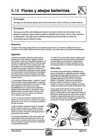 5.10 Flores y abejas bailarinas

    las abejasde miel ilustran algunas de las interacciones entre insectos, plantas y el medio ambiente.


    El Contexto
    Este juego al aire libre está diseñado para ilustrar la conducta animal y las interacciones con las
    plantas y el ambiente. Juegossimilares pueden ser diseñados para ilustrar ciclos de vida o rehzciones
    de alimentación. Este juego requiere también participantes para desarrollar un sistema de
    comunicacih que los involucra a todos.


Materiales
Un espacioexterk amplio;wndas; macetas otros recipientes
                                       u               vacíos(al menos12); cartulinas condibujosde@resquese
encuentranen el área(ojalawn d@rencias
                                     oboias color);tantas
                                           de            flores wmo grupos hayany una tmjetaparacadapartk+mte


Jugándolo
Al observarun enjambre,el bailede las ab+s puedeser             5. La abq, No2 sesacala vendarecuperala ta+?a y busca
analizadojunto a otras conductaswmplejas. Una abqa              una segunaktqkta, vuelve para entregarla infin-macióna
obreravuelve a contarlea las otras dóndehay alimento. Si el     una nueoaabejay asísucesivamente. última awa le
                                                                                                    La
alimento estáa alguna dktancia (100 mt o más)ella realiza       entregala infnmación a la prhnera cosechadora, esta
                                                                                                              de
una danza en vaivén sobreel marcovertical o panal. Ella        jinda todosparticipan en los diferentesaspectos juego.
                                                                                                              del
hacelafigura de un ocho,balanceando abdomen
                                        su            cuando
completala secciónmedia.Ln distancia al suministro de          Otras ideas
alimento eshírelacionaa al tiempoque tomapara completar
un circuito de baile,la direcciónrelativa al sol estádadapor   Auncuandoyahymuchosaspectoswnsideradoseneste
la posición del bailey el alimento entregadoa otrasabqns       juego, h wmunicación, la woperación,lospuntos cardinales,
para probarlo entregainformaciónadicional sabreel néctar o      las estrategias
                                                                              akjkraje, prí$rencias deflores, etc.,sepueden
lafuente depolen.                                               elaboraraún más.Ustedpodrh incorporarubimcior?ps
                                                               geográjicas  adicionales, NE, NO, SE,SO. h.sQores
                                                                                       t$
1. Los participantesfmn equiposo “enjambres”de igual           podrían ser “agrupadas”de@rrnaquelasabgaspodríim
númerode abt$s y cadagrupo debeelaborarun sistemade            aprendera obseroar   nuevasjlores en el área.En vez de
comunicaciónque excluya el hablar (recuerde las ab+s
                                              que              entregarle,al wmknw, la ubiuuión geográáfira, lespodríh
                                                                                                               se
estánco$inadas en una colmenaoscuray están                     entregaruna brújuln tilla     y pedirlesquedescubran sitio.
                                                                                                                      el
imposibilitadaspara ver el retorno de las cosechadoras).
Cualquier sistemadesarrollado vía aplaudir o tocarse
                                (4.                             El juego podríasimular diferentesmomentos día (las
                                                                                                         del
d@rentespartesde la cabeza)   necesitacomunicarcuatro           tarjetasdeberhn decirpoleno néctar).Al mediodía, por
direcciones(Norte, Este,Sur y Oeste)y tres distancias           t+mplo, el néctarpodríáser~.ww. Algunas delas ta+tas wn
(cerca,medianay larga distancia).                              florespodrúmindiuzrqueellassonricasennéctaroenpoleno
                                                                en ambos. ab+.9 podrí& elegir wlectar en una@ más
                                                                           la.5
2. La.5 macetas colocadas cadauna delas cuatro
       12        son          en                                rara que tieneambosrecursos podrh wncentrarseenjlores
                                                                                             0
direcciones en cadauna de las tres distanciasa lo largo de
           y                                                    máswmunes wn quizís sólopolendisponible.
aquellasdirecciones.
                   Mezcle las tres taqetasy escómialas  al
azur bajolas macetas.
3. Todaslas ab+.s de cadaequipo(exceptola wsechadora
inicial) seponen las vendasen sus colmenas. no hay
                                          Si
bastantesvendas,enumerelas ab+s y paselas vendas
cuandoseanecesario.   Pregúntelea cadaequipoqué color 0
qué tipo deflor estin buscrmdo.
4. las primerasforrajeadorasde cadawlmena saleny dan
vuelta alrededorde las macetas
                             buscandosuspores.Tan
pronto comoseencuentraunajlor correcta,la cosechadora
vuelve al enjambrey comunicala direccióny la distancia a
una segundaabtja tvendada).



vida silvestre                                                                                                 página 79
 