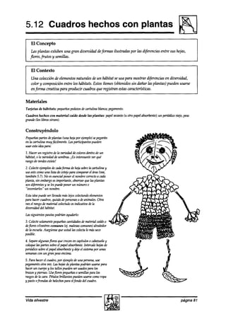 5.12 Cuadros hechos con plantas

I El Concepto
    Las plantas exhiben una gran diversidad deformas ilustradas por fas di@encias entre sus hojas,
   flores, fru tos y semillas.


    El Contexto
    Una wlecciún de elementos naturales de un hábitat se usa para mostrar d@rencias en diversidad,
    color y composición entre los hábitats. Estos ítemes (obtenidos sin dañar Ias plantas) pueden usarse
    enforma creativa para producir cuadros que registran estas caracterííticas.


Materiales
Tarjetas de hábitats:   pequeños pedaws decartulina blanca;pegamento.

Cuadros hechos con material     caído desde las plantas:     papelsecante otro papelabsorbente); un periódiw viejo, peso
                                                                         (u
grande (los libros sirven).

Construyéndolo
Pepeñas partesdeplantas (una hojapor f+mplo) sepegarán
en la cartulina muyfácilmente. Losparticipantespueden
usar estaideapara:
2. Hacer un registro de la varieakd de wlores dentro de un
hábitat, o la mriedad de sombras.iEs interesantever qué
rango de verdesexiste!
2. Colecteejemplosde cha fmmade hojasobrela cartulina y
useestocomouna lista de wtq’o para wmparar el área(vea,
también5.7).No esesencialponer el nombrecorrectoa cada
planta, sin embargoesimportunte, observar9ue kas
                                               plantas
son diferentesy selespuedeponer un númeroo
“inventarles“ un nombre.
Esta ideapuedeser llevadamás140scolectando    elementos
para hacercuadros,9uizís de personas deanimales.Otra
                                      o
vez el rango de material colectado indicatiw dela
                                  es
diversidaddel hábitat.
Lassiguientes pautaspodrían ayudarlo:
3. Colectesolamentepequeñascantidades material caídoo
                                     de
deflores shestres c-s     Cej.
                             malezascomunes) alrededor
de la escuela.
             Asegúrese usted las colectalo másseco
                      9ue
posible.
4. Separealgunasflores 9ue crecenen capítulos0 cabezuelay
coloquelas partessobreel papelabsorbente.Intercnle hojasde
periódicosobreel papelabsorbente dqe el sistemapor unns
                                y
semanas un gran pesoencima.
         con
5. Para hacerel cuadro,por ejemplode una persona,use
pegamento vez. Las hojasdeplantas podrían usarsepara
           otra
hacerun cuerpoy los tallos puedenser usadosparalos
brazosy piernas. Useflores pequeñas semillaspara los
                                       0
rasgosde la uzra. Pétalosbrillantes puedenusarsecomoropa
y pastoofrondas de helechos   para elfondodel cuadro.




Vida silvestre                                                                                                   página 8 1
 