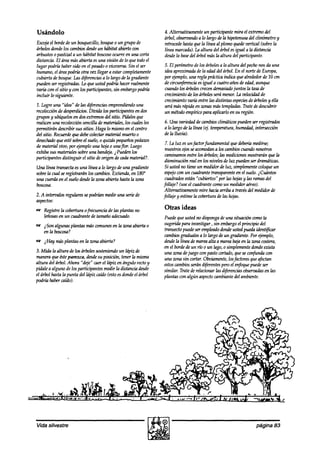 Usándolo                                                        4. Altematizwmenteun participante mira el extremodel
                                                                árbol, observando lo largo dela hipotenusadel clinómetro y
                                                                                 a
Escqa el bordede un bosquecillo,bosque un grupo de
                                            o                   retrocede hastaque la línea al plomoquedevertical (sobrela
árbolesdondelos cambiosdesde hábitat abiertocon
                                   un                           línea marcada).la altura del árbol esigual a la distancia
arbustos0 pastizal a un hábitat boscoso   ocurre en una corta   desde base árbol másla altura del participante.
                                                                       la    del
distancia. El áreamasabierta esuna visión de lo que todoel
lugar podría habersido en el pasado viceversa.Sin el ser
                                       o                        5. El perketro de los árbolesa la altura akl pechonos aá una
humano, el áreapodría otra vez llegar a estarcompletamente      ideaaproximadade la edaddel árbol. En el norte de Europa,
cubierta de bosque. d$éwnciasa lo largo de la gradiente
                      Las                                       por qemplo, una regla práctica indica 9uealrededorde 10 cm
puedenser registradas.Lo 9ue ustedpodría hacerrealmente         de circunferenciaesigual a cuatro añosde edad,aunque
varía con el sitio y con los participantes, sin embargopodría   cuandolos árbolescrecendemasiado     juntos la tasade
incluir lo siguiente.                                           crecimientode los árbolesserámenor.La velo& de
                                                                crecimientova& entre las distintas especies árbolesy ella
                                                                                                              de
1. Logre una “idea“ de Ins d@eru-ias emprendiendo     una       seránuís @via% zonasmastempladas.
                                                                                en                        Trate dedescubrir
recolección desperdicios.
             de              Divida los participantesen dos     un métodoempkicopara aplicarlo en su región.
grupos y ubí9uelosen dosextremosdel sitio. PíaWes     9ue
realicenuna recolección  sencilla de materiales,los cualesles   6. Una variedadde cambiosclimáticospuedenser registrados
permitirdn describir sus sitios. Haga lo mismoen el centro      a lo largo de la línea (q’. temperatura,humedad,intersección
del sitio. Recuerde debecolectarmaterial muerto o
                    9ue                                         de la lluvia).
desechado estésobreel suelo,o 9ukí.5 pequeños
            9ue                                      pedazos
                                                                 7. La luz esun factor fundamental 9w debe& medirse;
de material vivo, por ejemplouna hoja o unaflor. Luego
                                                                 nuestrosojosseacomodan los cambios
                                                                                             a             cuandonosotros
exhibasus materialessobreuna bandqa. 2Puedenlos
                                                                 caminamos    entre los árboles;las medicionesmostraránqw la
participantes distinguir el sitio de origen de cadamaterial?.
                                                                 disminución real en los nivelesde luz puedenser dramáticas.
Una línea transectaesuna línea a lo largo de una gradiente       Si ustedno tiene un medidorde luz, simplemente   coloqueun
sobrela cual seregistrarán los cambios.Extienda, en 180”         espqocon un cuadrantetransparenteen el suelo.$udntos
una cuerdaen el suelodesdela zona abierta hastala zona           cuadrados  están“cubiertos” por las hojasy las ramasdel
boswsa.                                                         follaje? (useel cuadrantecomoun medidoraéreo).
                                                                 Alternativamente mire haciaarriba a travésdel medidorde
2. A intervalos regularessepodrián medir una seriede            follaje y estimela coberturade las hojas.
aspectos:
    Registrela coberturaofrecuencia de tasplantas no            Otras ideas
    leñosas un cuadrantede tamañoadecuado.
           en                                                   Puede9ue ustedno dispongadeuna situación comola
    iSon algunas plantas máscomunesen la zonaabierta0           sugeridapara investigar, sin embargo principio del
                                                                                                       el
    t??lll?bOSCOSU?                                             transectopuedeserempleado      dondeustedpuedaiaknti@car
                                                                cambios   gradualesa lo largo deun gradiente.Por ejemplo,
    iHay másplantas en la zona abierta?                         desde línea demareaalta a mareabajaen la zona costera,
                                                                       la
                                                                en el bordede un tío o un lago,o simplemente dondeexista
3. Mia? la altura de los árbolessosteniendo lápiz de
                                             un                 una urna dejuego con pastocortado,queseco$unda con
manera9ue esteparezca, desde su posic& tener la misma           una zona sin cortar. Obviamente,losfactores 9ueafectan
altura del árbol.Ahora “deje” caerel ldpiz en ángulo rectoy     estoscambios  serándiferentesperoel enfoquepuedeser
pídalea alguno de los participantes medir la distancia desde    similar. Tratederelacionar las diferenciasobserwaksen las
el árbol hasta la punta del hípiz caído(estoesdondeel árbol     plantas con algún aspecto  cambiante ambiente.
                                                                                                     del
podríi habercaído).




Vida silvestre                                                                                                 página 83
 