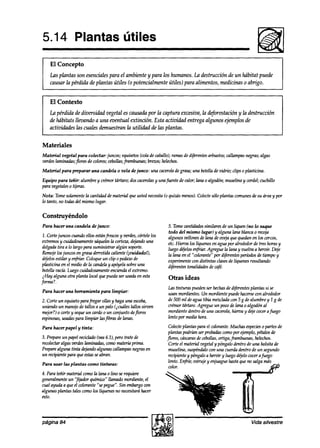 5.14 Plantas útiles
    El Concepto
    Las plantas son esencialespara el ambiente y para los humanos. La destrucción de un hábitat puede
    causar la pérdida de plantas útiles (o potenciahente útiles) para azimentos, medicinas o abrigo.


    El Contexto
    Lu pkrdida de diversidad vegetal es causadapor la captura excesiva, la deforestación y la destrucción
    de hábitats llevando a una eventual extinción. Esta actividad entrega algunos ejemplos de
    actividades las cuales demuestran la utilidad de las plantas.


Materiales
Materialvegetal para colectar: juncos; equisetos
                                               (colade caballo);ramasde diferentesarbustos;calbnnpasnegras;algas
verdesbzminaaIas;flores colores;
                      de        cebollas;frambuesas;
                                                   brezos;helechos.
Material   para preparar una candela o vela de junco: una cacerola grasa;una botellade vidrio; clips o plasticina.
                                                                 de
Equipo para tiir: alumbrey crémortártaro; doscacerolas unafuente de calor; lana o algodón;muselinay wrdel; cuchillo
                                                     y
para vegetales tijeras.
             0
Nota: Tomesolamente cantidad dematerial que ustednecesita(0 quizás menos).Colectesóloplantas comunes su área y por
                  la                                                                                de
lo tanto, no todasdel mismo lugar.

Construyéndolo
Para hacer una candela de junco:                                 5. Tomecantidades    similaresde un l+en (no lo saque
                                                                 todo del mismo lugar) y alguna bina blancao recoja
1. Corte juncos cuando ellos estánfrescosy verdes, córtelelos    algunos vellonesdeIrmadeovqa 9uequedanen los cercos,
extremosy curdaakmente sáqueles corteza,dqando una
                                      la                         etc.Hierva los liquenesen agua por alrededorde tres horasy
delgadatira a lo largo para suministrar algún soporte.           luegodqelos enfriar. Agregue la lana y vuelva a hervir. Dqe
Remoielosjunws en grasaderretidacaliente (;cuidado!),            la lana en el “colorante” por difeentes períodosde tiempoy
dtfjelosestilar y enjkiar.Coloqueun clip o pedazode              experimentecon distintas clases líquenesresultando
                                                                                                   de
plasticina en el mediode la candelay apóyelasobreuna             d@rentestonalidades café.
                                                                                        de
botellavacía.Luegocuidadosamen enciendael extremo.
                                   te
i Hay alguna otra planta local 9u.epuedaser usadaen esta         Otras ideas
f OT??Ul?.
                                                                 las tinturas puedenserhechas diferentesplantas si se
                                                                                              de
Para hacer una herramienta     para limpiar:                     usan mordientes.Un mordientepuedehacerse alrededor
                                                                                                              wn
2. Corte un equiseto parafregar ollas y haga una escoba,         de 500 ml deagua tibia mezcladncon 5 g de alumbre y 1 g de
uniendo un manojode tallos a un palo (icuáles tallos siroen      crémortdrtaro. Agregueun pocodetima o algodónal
mejor?)0 cortey sequeun cardo0 un conjunto dejlores              mordientedentro de una cacerola,hierva y dqe cocerafüego
espinosas, usadas para limpiar lasjibras de lanas.               lento por mediahora.

Para hacer papel y tinta:                                        Colecte plantas para el colorante.Muchas especies partesde
                                                                                                                   o
                                                                 plantas podrían serprobadas   comopor ejemplo,pétalosde
3. Prepareun papelreciclado(vea6.1),pero trate de               flores, cáscaras cebollas,
                                                                                 de          ortiga,fiambuesas,helechos.
recolectaralgasverdeslaminadas,comomateriaprima.                 Corteel material vegetaly póngalodentro de una bolsita de
Preparealguna tinta dqando algunas callampasnegrasen             muselina,suspéndalo una cuerdadentro de un segundo
                                                                                        con
un recipientepara 9ueestasseabran.                               recipientey póngaloa hervir y luego déjelowcer afuego
                                                                 lento. Enfríe, estrujey enjuaguehastaque no salgamás
Para usar las plantas como tinturas:
                                                                 color*                                               6%
4. Para teñir material comola lana 0 lino serequiere
generalmente ‘j?jaak químico” llamadomordiente,el
              un
cual ayuda a 9ueel colorante“se pegue”. Sin embargown
algunas plantas talescomolos lí9uenesno necesitará   hacer
esto.



página 84                                                                                                   Vida silvestre
 