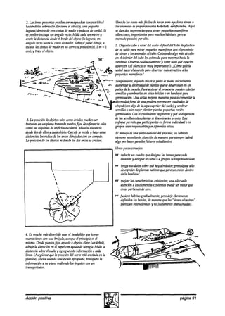 2. Las áreaspequeñas   puedenser mapeadas wn exactitud             Una de las cosasmásfáciles de hacer para ayudara atraer a
haciéndolas  sobresalir.Encierreel sitio (4. una pequeiia          los animaleses proporciomhs hábitats artificiales. Aquí
laguna) dentro de tres cintas de medir o pedazos cordel.Si
                                                  de               sedan dossugerencias  para atraer pequeños mamíferos
esposibleincluya un ángulo recto.Mida cadaun metroy                silenciosos,importantespara muchoshábitats,peroa
anote la distancia desde bordedel objeto(la laguna) en
                         el                                        menudopasados alto.
                                                                                   por
ángulo rectohastala cinta de medir.Sobreel papeldibuje, a
escala,las cintas de medir en su correcta  posición (ej. 1 m = 1   5. Depositecebo nivel del sueloal final del tubo deplhstico
                                                                                     a
cm), y traceel objeto.                                             de su tabla para mirar pequeños   mamíJéros el propósito
                                                                                                               con
                                                                   de atraer a los animalesal tubo. Colocandoalgo másdecebo
                                                                   en el interior del tubo los estimula para moversehaciala
                                                                   ventana. Observecuihdosamentey tomenota qtk especies
                                                                   aparecen(iel silencio esmuy importante!). Qmo podría
                                                                   usted hacerel aparatopara obsen>ar atractivo a los
                                                                                                         más
                                                                   pequeños   mamíjkros?
                                                              Simplemente,  dejandocrecer pastosepuedeinicialmente
                                                                                          el
                                                          de- aumentarla divekdad deplantasqueseahurrollan en los
                                                              patiosdela escuela.Paraa&ar el proceso puedenwlectar
                                                                                                         se
                                                              semillasy sembrarlas sitios baldíos0 en hma2ja.s
                                                                                   en                            para
                                                              germinación.Una delas m+res maneras     para incrementarla
                                                              dhrsidadJora1 deuna praderaesremovercuadrados        de
                                                              Cespea algodela capasuperiordel suelo)y sembrar
                                                                      (wn
                                                              semillas0 aún mejorphtar plantaspequeñas      recién
                                                              germinaah. Conh &ecimi&o vege&w y por la dkpersih
 3. La posición de o&tos talescomoárboles  puedenser          de las semillasestas
                                                                                 plantassediseminaránpronto. Este
trazadasen un plano tomandopuntosfijos der+rencia tales       er@quepermitequeparticipantesenforma      individual 0 en
comolas esquinasde edi#ciosescolares.   Mida la distancia     grupos seanresponsables d@rentes
                                                                                      por          sitios.
desdedosdeellos a cadaobjeto.Calculela escala hagaestas
                                                y             El mar@0esuna parte esencialdel proceso;los hábitats
distancias los radios de los arcosdibujadoswn un wmpás.       siemprenecesitarán  atenciónde maneraque siemprehabrá
La posición de los objetosesdondelos dosarcossecruzan.        algo por hacerpara losfuturos estudiantes.
                                                                   unos pocoscotlsqos:
                                                                   E+Tredacteun cuadroque designalas heas para cada
                                                                      estacióny delegueal curso0 a grupos la responsubihdad.
                                                                   m tengasus datossobrequéhay alrededor;preocúpesesólo
                                                                     de especies plantas nativas queparecencrecerdentro
                                                                                 de
                                                                     de la localidad.
                                                                   w mejorelas característicasexistentes;una adecuada
                                                                     atencióna los elementos existentespuedeser mejorque
                                                                     crearpartiendode cero.
                                                                   w fusione hábitasgradualmente,perodqe claramente
                                                                      d$inidos los bordes, maneraque laYáreas silvestres”
                                                                                         de
                                                                      parezcanintencionalesy no justamenteabandonadas!.




4. Es mucho más divertido usar el teodolito que tomar
marcaciones una brújula, aunqueel principio esel
              wn
mismo.Desdepuntosfijos apunte a abetosclave(un árbol),
dibuje la dirección en el papelwn ayudade la regla.Mida la
distancia sobreel sueloy agregueestainfhmnción a cada
línea. 64segúrese la posición del norte estáanotadaen la
                  que
planilla) Ahora usandouna escala  apropiada,transfiera la
información a su plano midiendo los ángulos wn un
transportador.




Accidn positiva                                                                                                   página 91
 