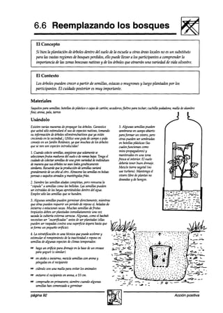 6.6 Reemplazando                                             los bosques
    El Concepto
    Si bien la plantación de árbolesakntro del suelo de la escuelau otras áreas locales no es un substituto
    para las vastas regiones alebosquesperdidos, ello pue& llevara los participantes a wmprenakr la
    importancia aé las wnas boswsasnativas y de los árboles 9ue atraerán una variedad de vida silvestre.


    El Contexto
    Los árboles pueden crecer a partir de semillas, estacaso mugrones y luego plantados por los
    participantes. El cuidado posterior es muy importante.


Materiales
 Saquitospara semillas;botellasdephísticoo cajasde cartón; secadores;
                                                                   fieltro para techar;cuchilla poakdora;malhadealambre
jino; arena,pala, tarros

Usándolo
Existen varias manerasde propagarlos árboles.Garantice
que ustedsóloestimulará el uso deespeciesnativas, tomando
                                                                5. Algunas semillaspueden
                                                                sembrarse campoabierto
                                                                            en
                                                                                                  i! ‘;
su información deárbolessilvestres/nativosqueya están           parajimnar un vivero, pero
creciendo la ~&uIad.i Utilice una guia de campoo pida
         en                                                     otraspuedenser sembradas
consejo un Jardín Botánico,ya quemuchosde los árboles
        en                                                      en botellaspldsticas(las
queseven son especiesintroducidas!                              cualesfuncionan como
1. Cuanabwlectesemillas,asegúrese solamente
                                que        se                   mini-propagadores)   y
sele~frutos    madurosdelsuelo0 deramasbajas.Tengael            mantenidasen una wna
cuidadodewlect4zrsenlíll4?sdeunagran-defndmiduos               frescaal interior. El suelo
demaneraquesusárboksnoseant&sgen&amente                         deberíatener buen drenaje.
similares.Rencerdequelaprod~desemillasw?.iaFlj                  Mezcle tierra vegetal(no
grandemente un añoal otro.Almacene semillas bolsas
            de                      las      en                 useturbera).Mantenga el
porvsasosaquitosairendosymanténgalasfi+as.                      vivero libre deplantas no
                                                                deseadas de hongos.
                                                                          y
2. Siembre semillasaladascompletas, remuevala
          las                         pero
J’cúpula”a semillascomotas bellotas.Lassemillaspueden
serextraídasdelas bayasapretándolas  dentro del agua.
Empleesólotassemillasquesehunden.
3. Algunas semillaspuedengerminar directamente,  mientras
queotraspuedenrequerir un períodode reposoej. heladas de
invierno o estacionessecas.Muchas semillasdefrutas
tropicalesdebenserplantadasinmediatamente vezuna
sacada cubiertaexterna carnosa.
       la                        Algunas, comoel baobab
necesitanser “escar$icadas”antesdeserplantadas(ellas ,
puedenser raspadas  contra una superjicieásperahastaque
se un pequeñoonficio).
  forme
4. La estrati$icación una técnicaquepuedeacelerar
                    es                              y
estimular el rompimiento de la inactividad o reposoen
semillasdealgunas especies climas temperados:
                           de
w hagaun or@ciopara drenajeen la basede un envase
  para yogurt Co
               similar)
cs en otoño0 imiemo, mezclesemillascon arenay
   póngalasen el recipiente
e cúbraloevn una malla para eoitar los animales
e entierreel recipienteen arena,a 10 cm.
cs compruebe primavera; siembrecuandoalgunas
             en
   semillashan comenzado germinar
                       a

página 92                                                                                              Acción positiva
 