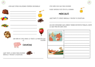 ¿CON QUÉ OTRAS GOLOSINAS PODRÍAS DECORARLA?
__________________________________________
__________________________________________
__________________________________________
__________________________________________
__________________________________________
___________________________________________
___________________________________________
_______________________________________
_________________________________________________________
UNA NIÑA DE OTRO GRADO LE PIDIÓ A LA MAESTRA QUE
LE ESCRIBA
CHANCHO
¿QUÉ ´PARTE LE SIRVE PARA ESCRIBIR ?
MARCALA Y REVISÁ TU ESCRITURA
_________________________________________________________________
OTRO NIÑO DICE QUE PARA ESCRIBIR
PUEDE SERVIRLE ESTE DÍA DE LA SEMANA:
MIÉRCOLES
¿QUÉ PARTE TE SIRVE? MARCALA Y REVISÁ TU ESCRITURA
_______________________________________________________________________________________________
LAS DOS VERSIONES QUE LEÍMOS TIENEN DISTINTOS FINALES, CONTÁ
LO QUE PASA EN CADA CASO:
____________________________________
____________________________________
____________________________________
____________________________________
____________________________________
____________________________________
____________________________________
____________________________________
____________________________________
 