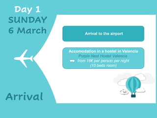 Day 1
SUNDAY
6 March
Arrival
Arrival to the airport
Accomodation in a hostel in Valencia
Purple Nest Hostel Valencia
from 16€ per person per night
(10 beds room)
 